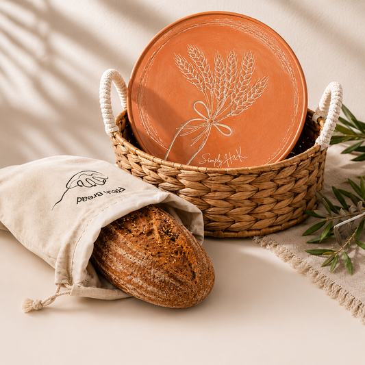 Simply H&K Bread Basket with Warming Stone — Wicker Serving Basket & 11" Terracotta Bread Warmer Set